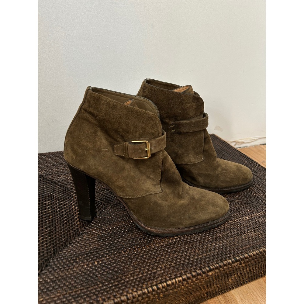 Ralph Lauren Collection Suede Buckle Ankle Boots Women Olive Green Dark Academia